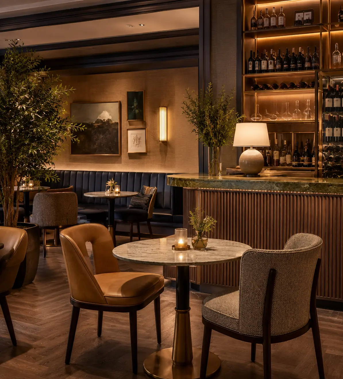 Curved rust velvet booth seating with channel tufting around a round dark wood dining table, paired with a textured beige dining chair, brass dome pendant lights, marble wall and dark wood slat screen in an upscale restaurant interior.