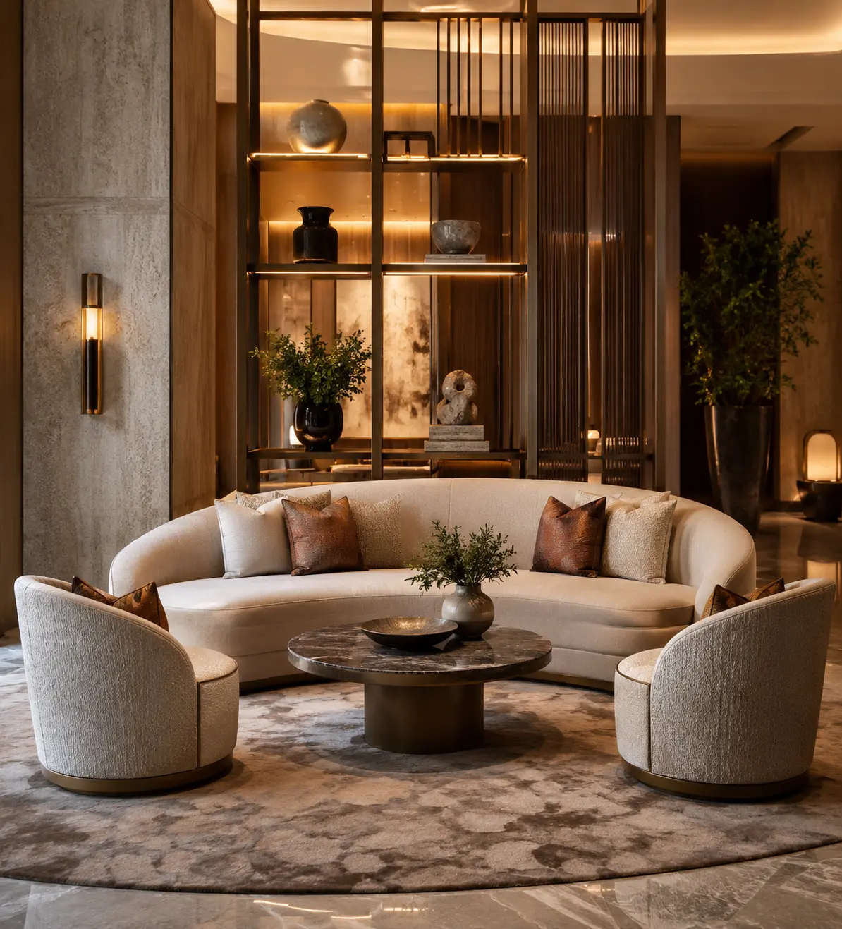 Cream curved hotel lobby sofa with brown leather accent pillows, paired with two round swivel lounge chairs and a round marble coffee table, displayed on a neutral area rug in front of a glass display shelving wall with decorative vases.