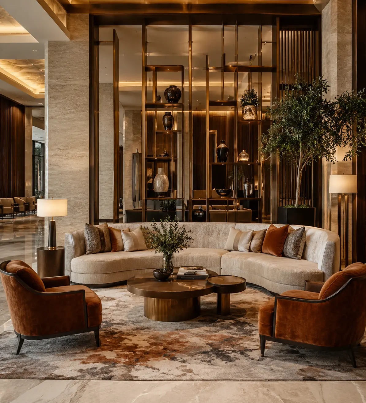 A cream curved sectional lobby sofa with olive and rust accent pillows, paired with two sage green curved armchairs, a black marble coffee table with bronze base and small side table, set on a patterned area rug with a tall potted tree and marble wall backdrop.