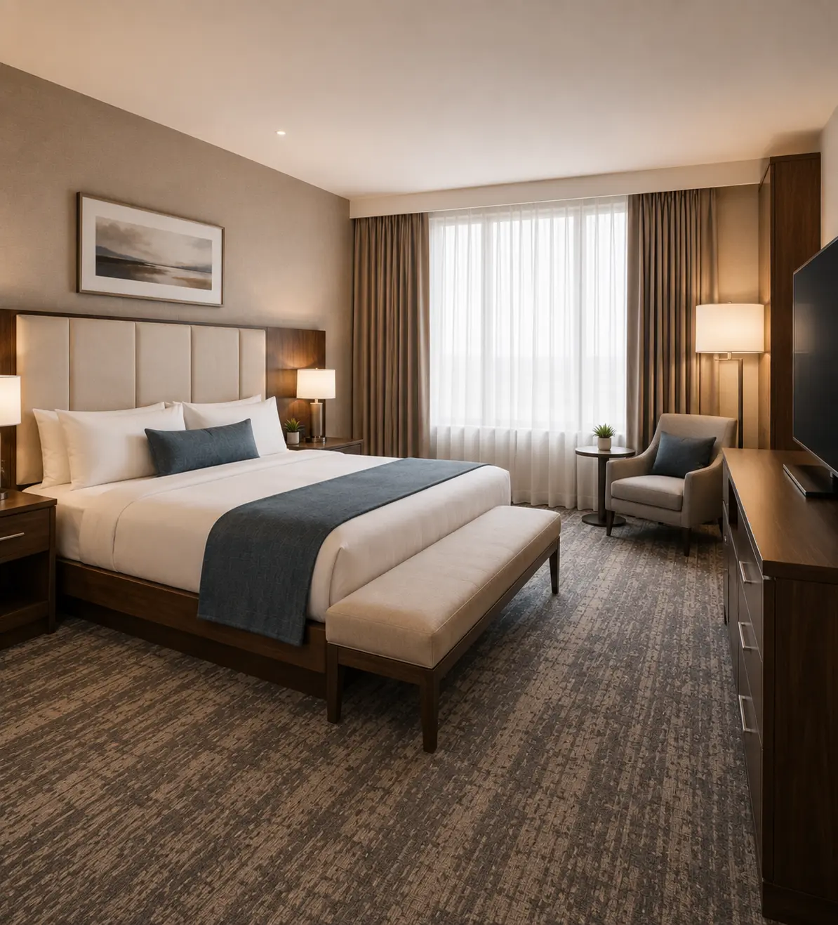 Complete hotel guest room furniture suite showing a king bed with upholstered headboard, window side lounge chair with side table, long dresser with TV, neutral bedding with blue runner and walnut wood case goods throughout the space.
