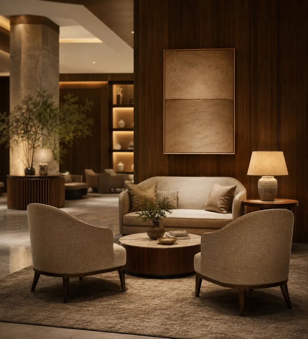 Grey modular sectional sofa in a contemporary hotel lobby, paired with a round marble coffee table, brown leather lounge chair and arc floor lamp, set against a marble reception area with wood slat screen and indoor tree.
