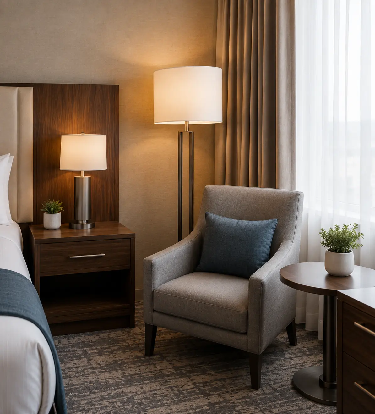 Grey upholstered hotel guest room lounge chair with curved arms, dark wood legs and a blue accent cushion, paired with a round dark wood side table beside a walnut nightstand and brass reading lamp.