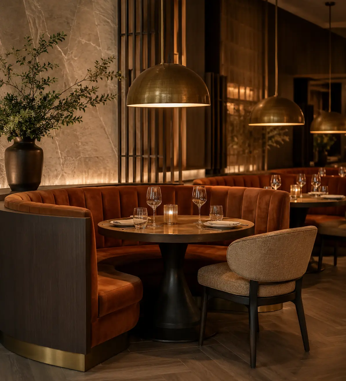 Hotel bar lounge dining area with round marble tables, cognac leather dining chairs, textured fabric accent chairs, dark blue banquette seating, green marble bar counter and brass wine shelving in a warm wood-paneled interior.