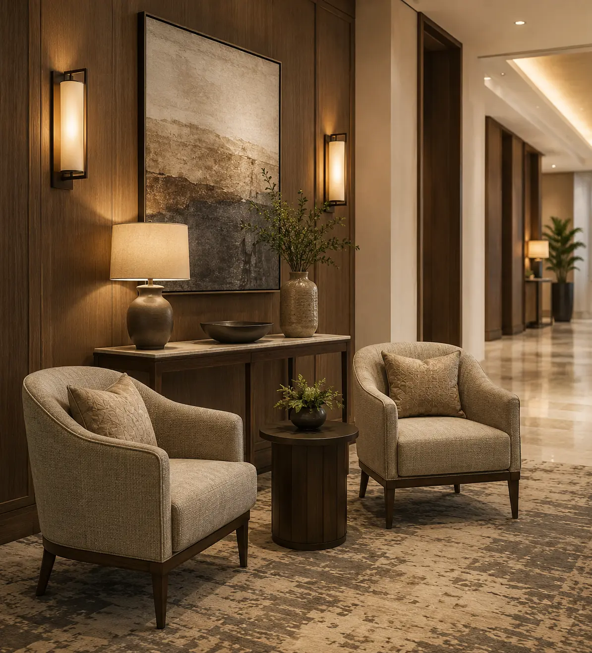 Two cushioned hotel corridor lounge chairs in neutral fabric facing each other across a small round wood side table, with a wood console table, ceramic table lamp and large framed wall art on a wood panel background.