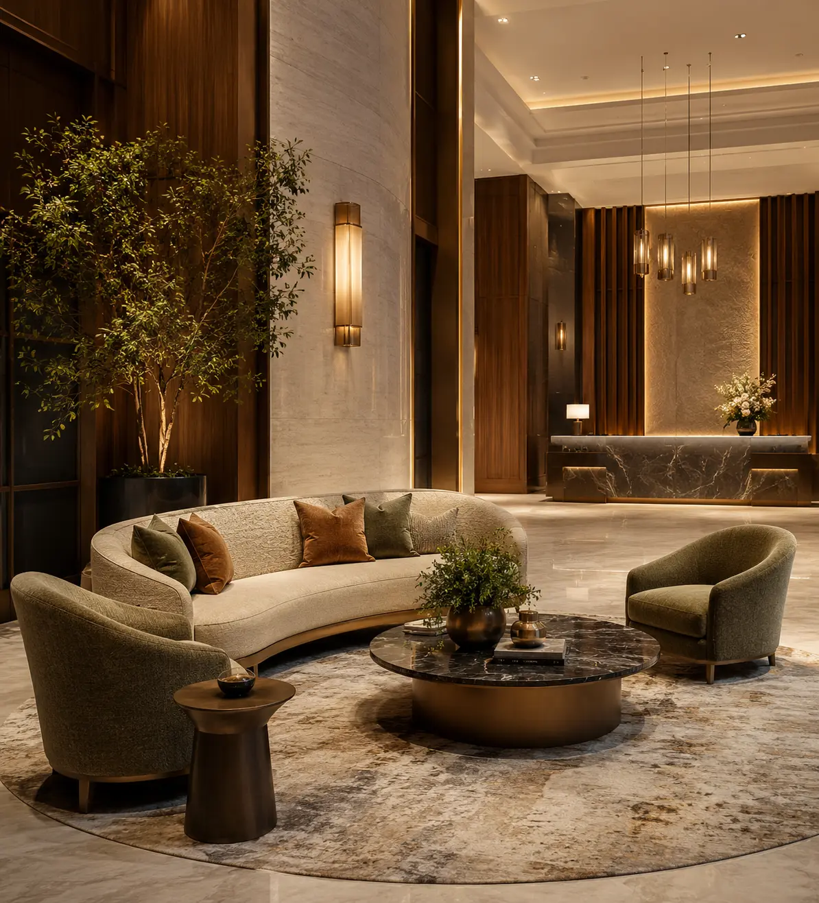 Hotel lobby reception seating area featuring a cream three-seater sofa with brown accent pillows, two beige upholstered lounge chairs with dark wood frames, a round marble coffee table with bronze base, set against a white marble reception desk with dramatic glass pendant chandelier and tall potted plants.