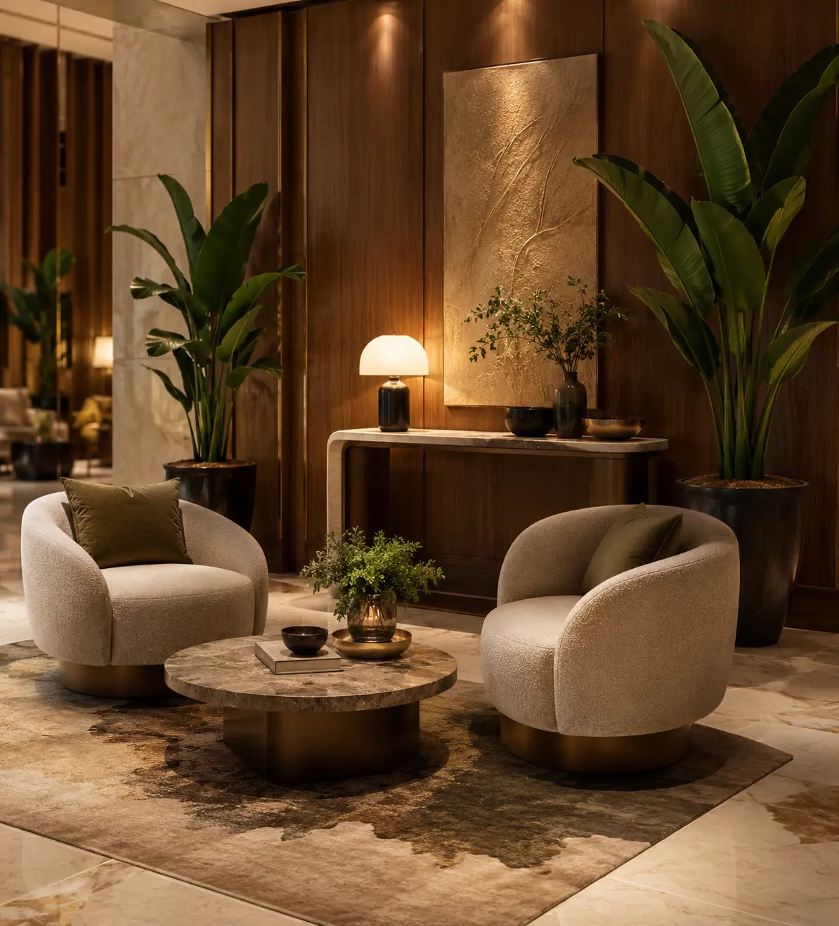 Hotel lobby window side seating with a cream curved sofa, two navy blue upholstered armchairs with wood legs, a round marble coffee table with bronze base, floor lamp and side table, positioned near floor-to-ceiling windows with garden views.