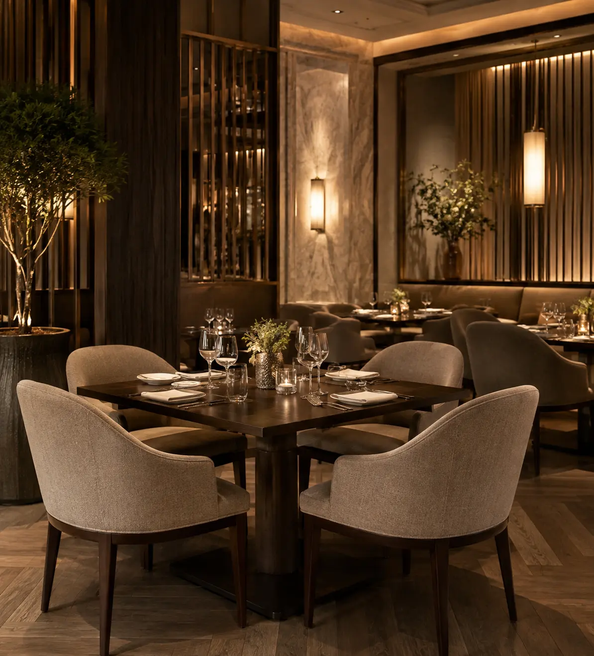 Hotel restaurant bar dining seating area featuring round marble tables with rust and cream upholstered dining chairs, olive green bar stools at a marble bar counter, backlit glass liquor shelving and warm ambient lighting in an upscale hotel dining space.