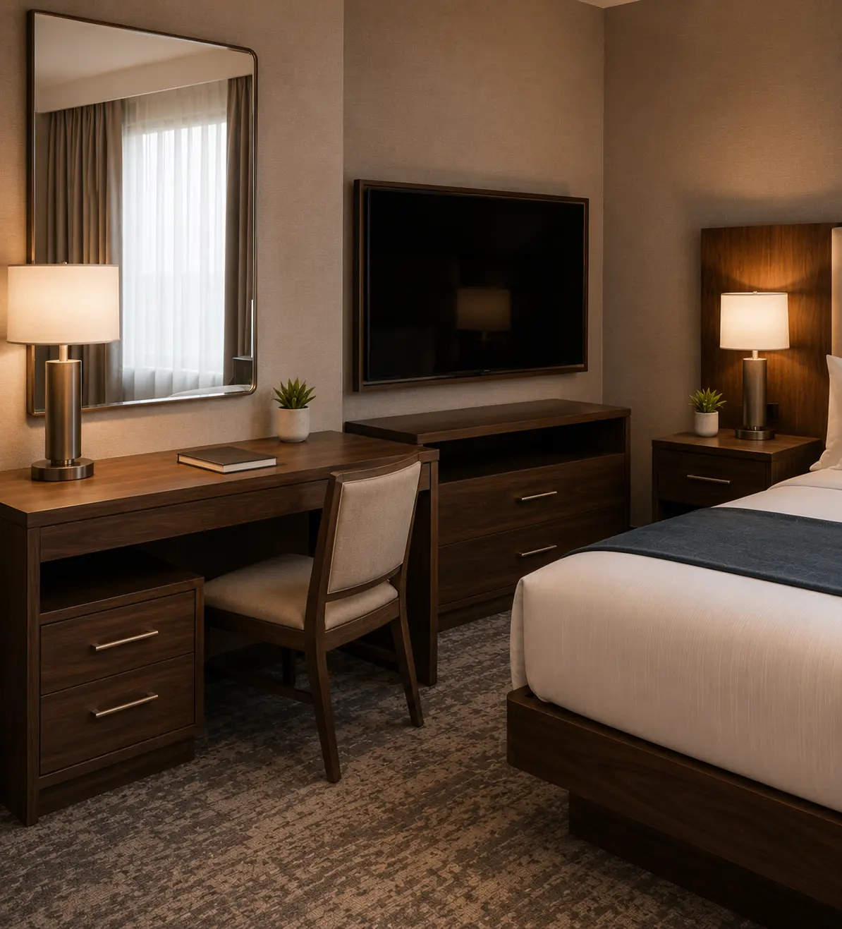 Hotel room writing desk and TV dresser set in walnut wood, with cushioned side chair, wall mounted mirror, brass table lamp and small potted plant, paired with a bed visible at the right side of the frame.