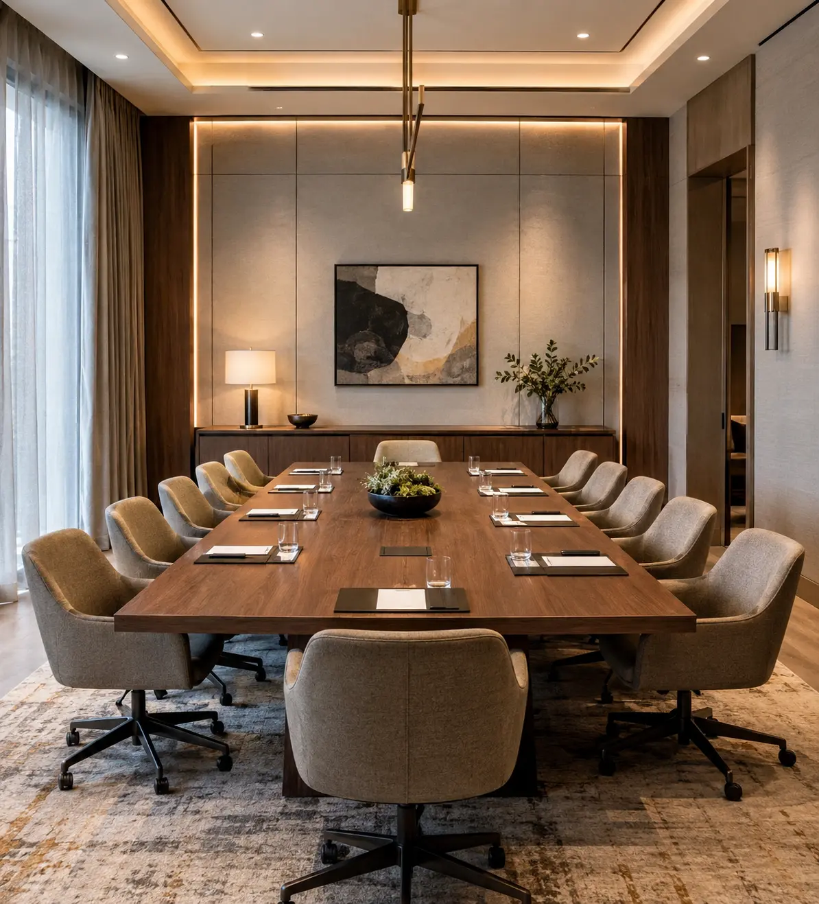 Hotel training room with rows of individual desks facing a projection screen, clean white walls, recessed ceiling lights and a minimalist hospitality training environment.