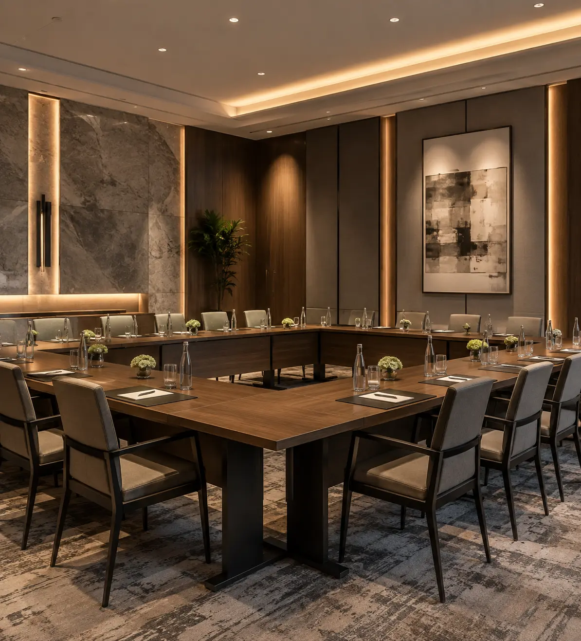 U-shaped dark walnut hotel meeting room table set with padded leather armchairs, marble accent wall with warm cove lighting, beside built-in wood storage cabinets and potted green plant.