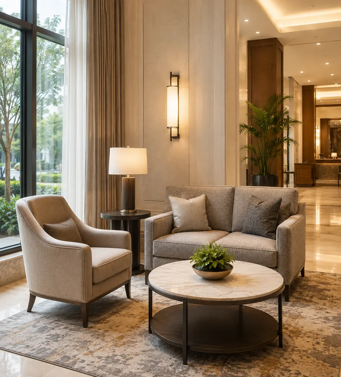 Hotel window side lounge furniture set with beige loveseat sofa, curved back lounge chair and round marble coffee table on a double-tier dark wood base, accompanied by a wood side table and table lamp against a tall curtain window.