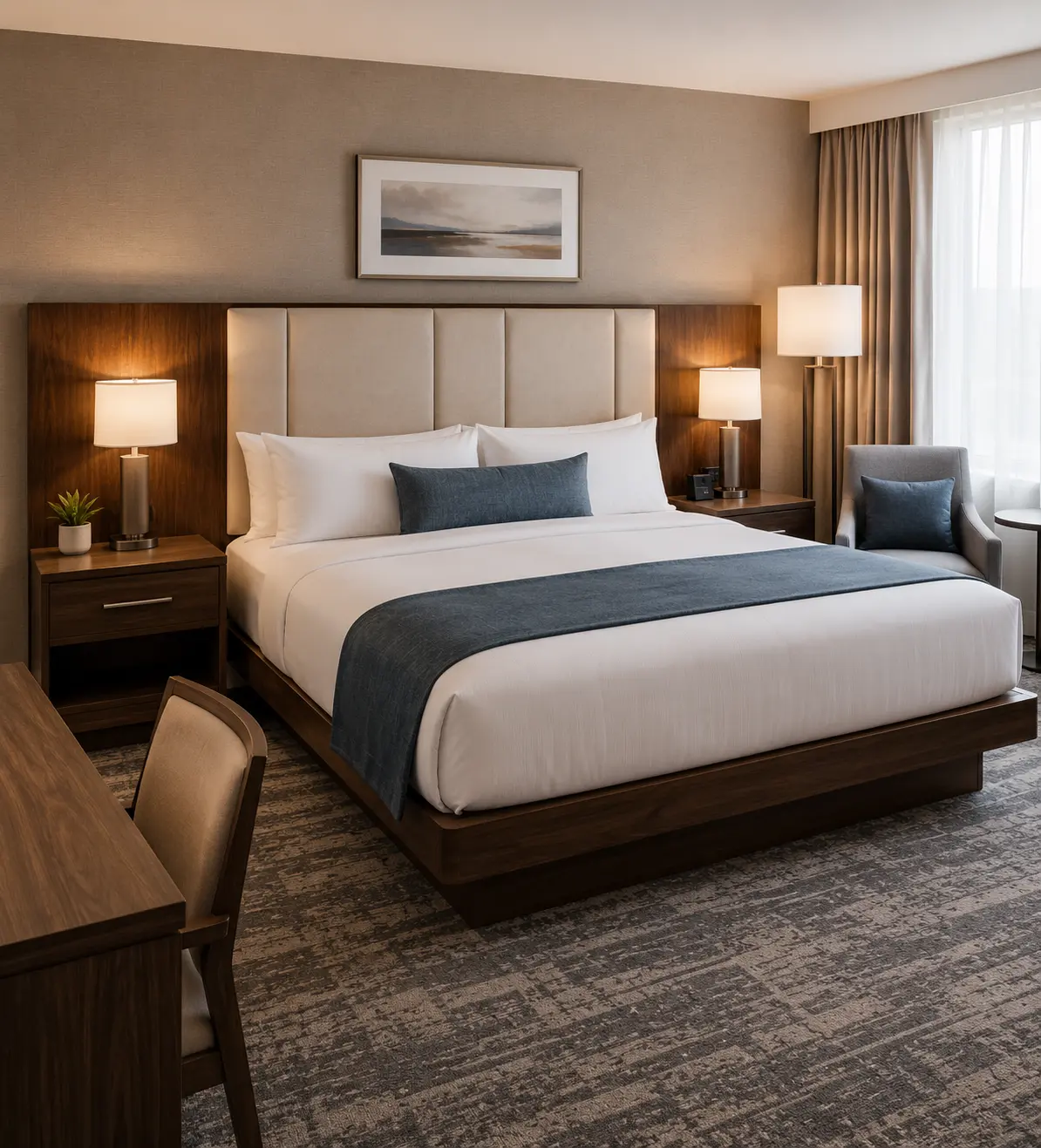 King size hotel guest room bed with tall channel-tufted upholstered headboard, white linens, blue runner and accent pillow, flanked by walnut nightstands with matching table lamps in a warm neutral hotel suite.