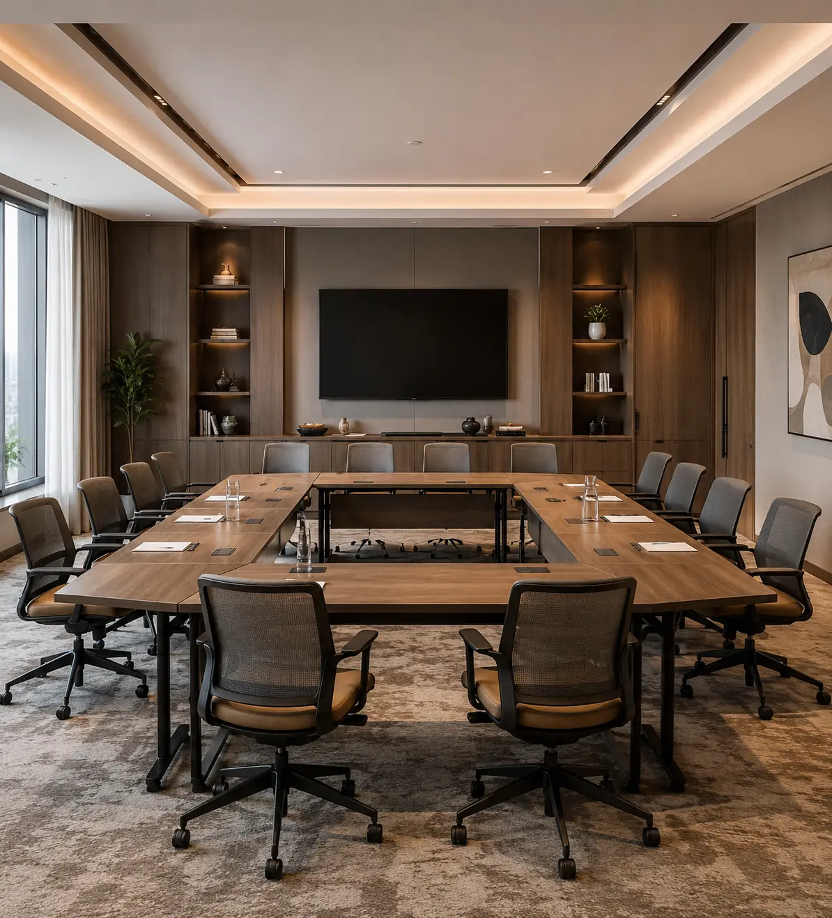 Large U-shaped light oak hotel conference table with mesh-back ergonomic office chairs, wall-mounted flat screen display, floor-to-ceiling bookshelves and wood panel wall in a bright corporate meeting space.