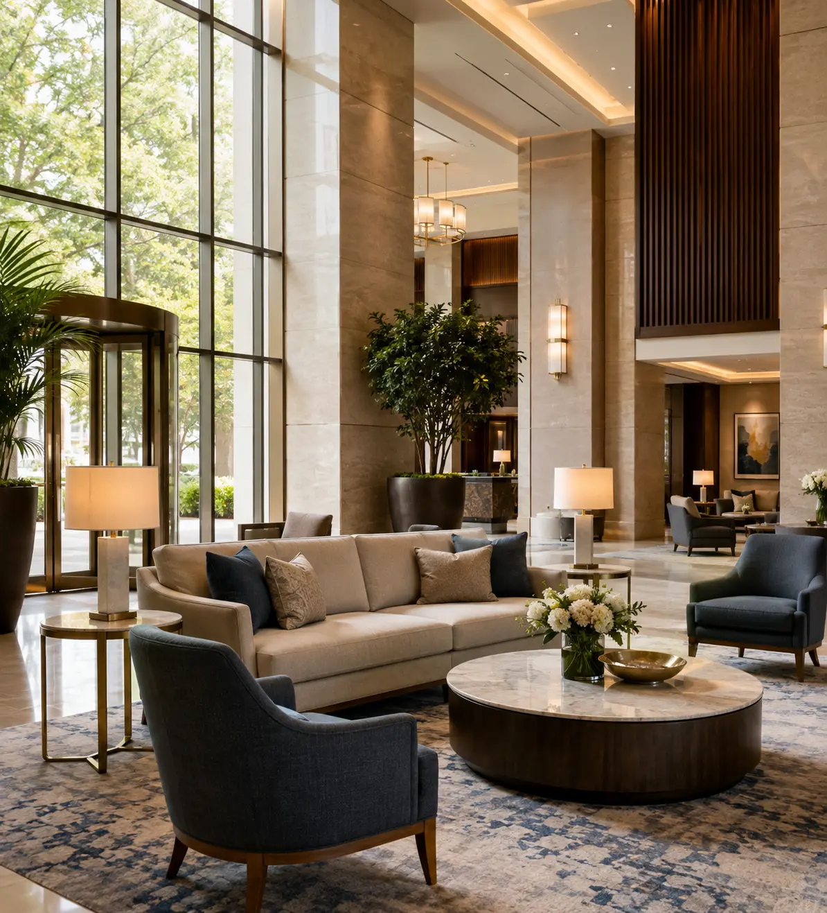 A luxury hotel lobby curved sofa in cream upholstery with rust and patterned accent pillows, paired with two cognac leather armchairs, a round wood coffee table with bronze details and small side table, set against a bronze display shelving wall with decorative vases.