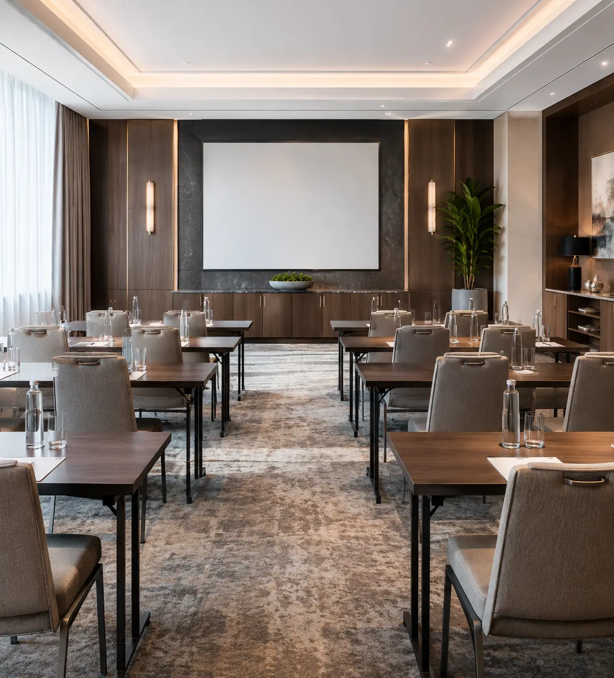 Rectangular dark wood hotel meeting table with beige fabric swivel chairs, hanging dome pendant light, abstract wall art and recessed ceiling lights in a warm modern conference space.
