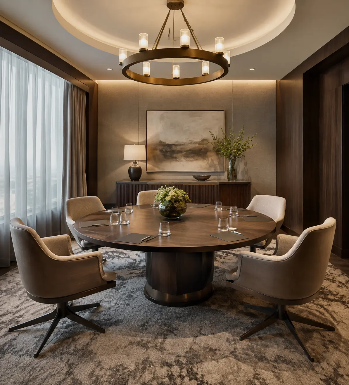 Round dark wood hotel meeting room table surrounded by six upholstered armchairs, pendant ring light fixture, warm cove lighting and decorative plants in an intimate discussion space.