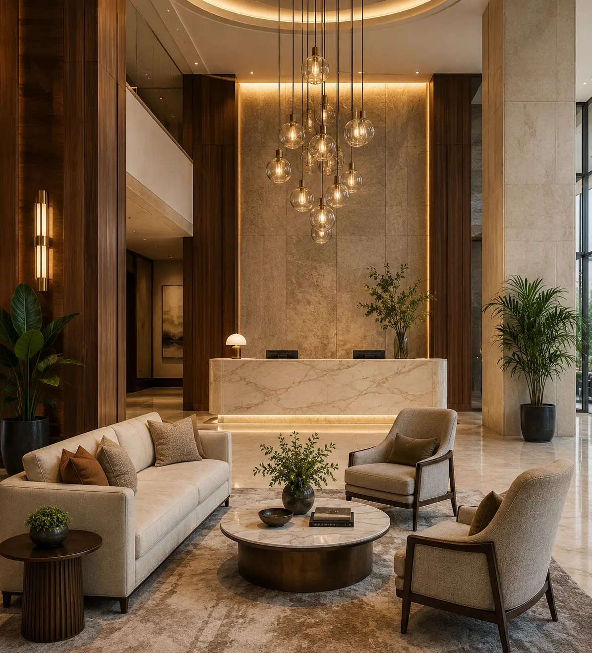 Two round swivel lobby lounge chairs in cream textured upholstery with bronze bases, paired across a round marble coffee table with bronze pedestal, set against a wood-paneled wall with a marble-top console table, ceramic lamp and large abstract wall art.