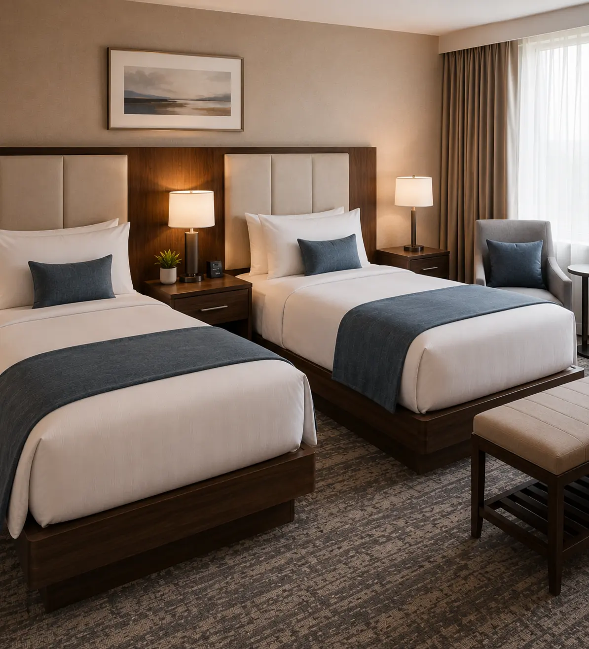 Twin beds hotel guest room featuring matching channel-tufted upholstered headboards, white linens with blue runners and accent pillows, separated by a walnut nightstand with reading lamp and paired with a wooden bench at the foot of the bed.
