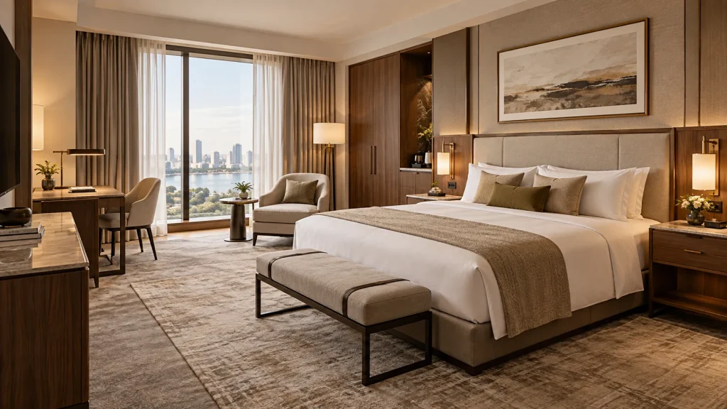 Luxury hotel guest room interior design with custom furniture, upholstered bed and lounge seating